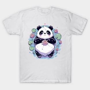 Cute Anime Panda Bear Bath With Water Lily T-Shirt